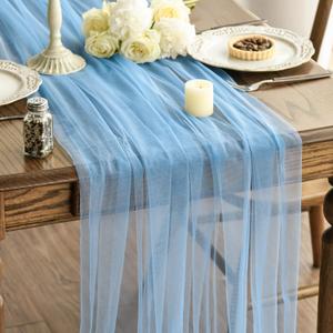 Artoid Mode Dusty Blue Gauze Table Runner 120 Inch 10FT, Seasonal Sheer Kitchen Dining Holiday Wedding Birthday Baby Shower Table Decor for Home Party