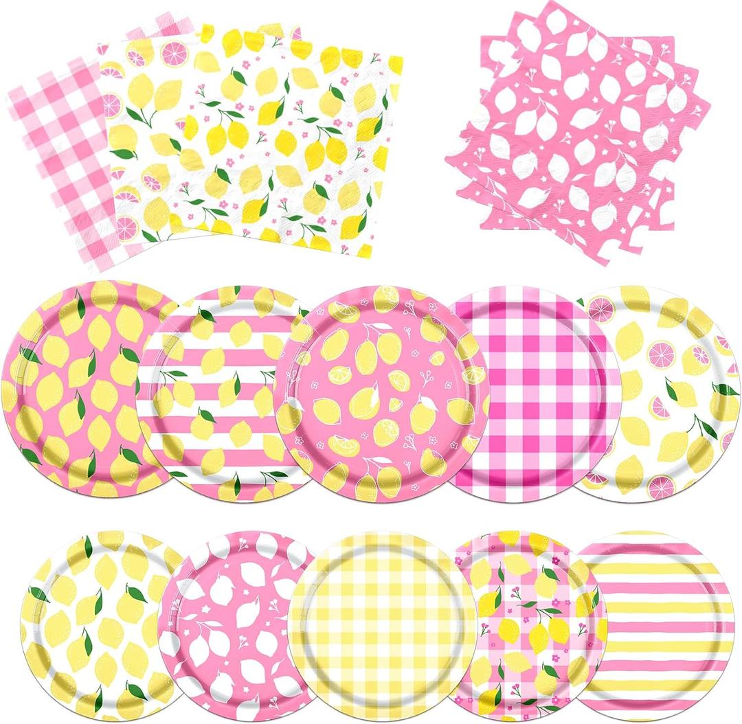 Lemon Party Decorations,60Pcs Lemon Birthday Party Plates and Napkins Pink and Yellow Lemon Table Decorations for Summer Party,Fruit Theme Birthday Party Supplies