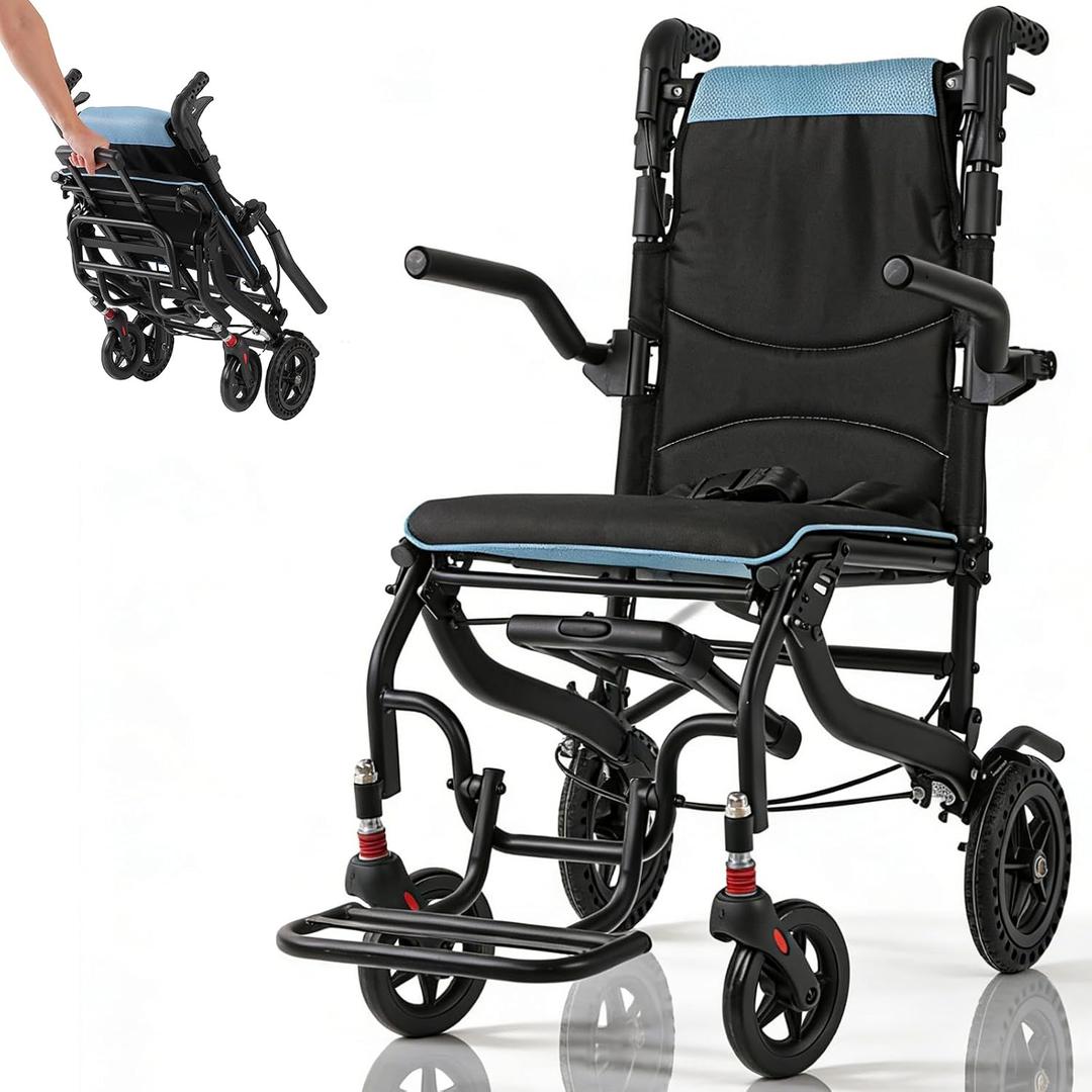 Wheelchairs for Adults with Adjustable Height,Transport Chair Lightweight Foldable with Telescopic Handle,8 inch Honeycomb Rear Wheels Shock-Absorbing Foldable Footrest Armrests,Holds 220 LBS