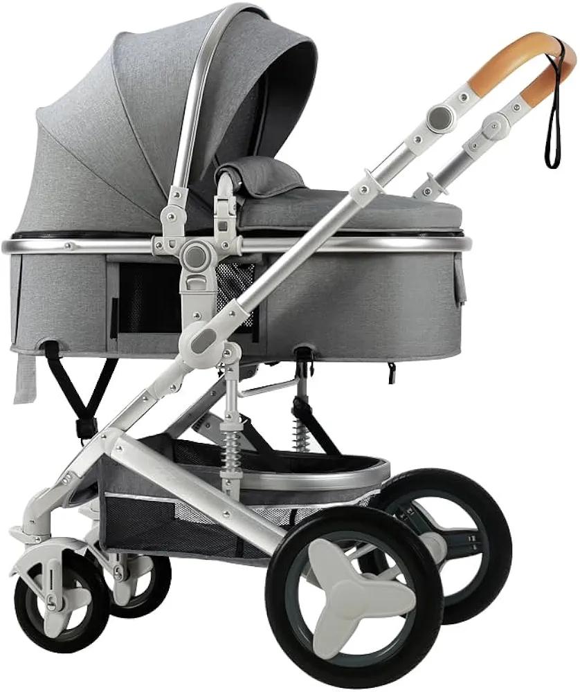 2 in 1 Convertible Baby Stroller with Bassinet Mode Foldable Infant Stroller Newborn Stroller with Reversible Seat Travel Pram Baby Carriage with Big Rubber Wheels (Grey)