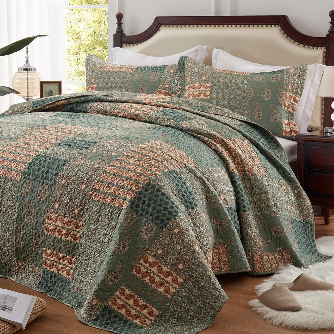 LEAONME 2 Pieces Twin Size Quilt Set Olive Green Paisley Bedspread Coverlet Lightweight Microfiber Bedding Set 68x86 Inch Bed Cover for All Seasons (1 Quilt, 1 Pillow Sham)