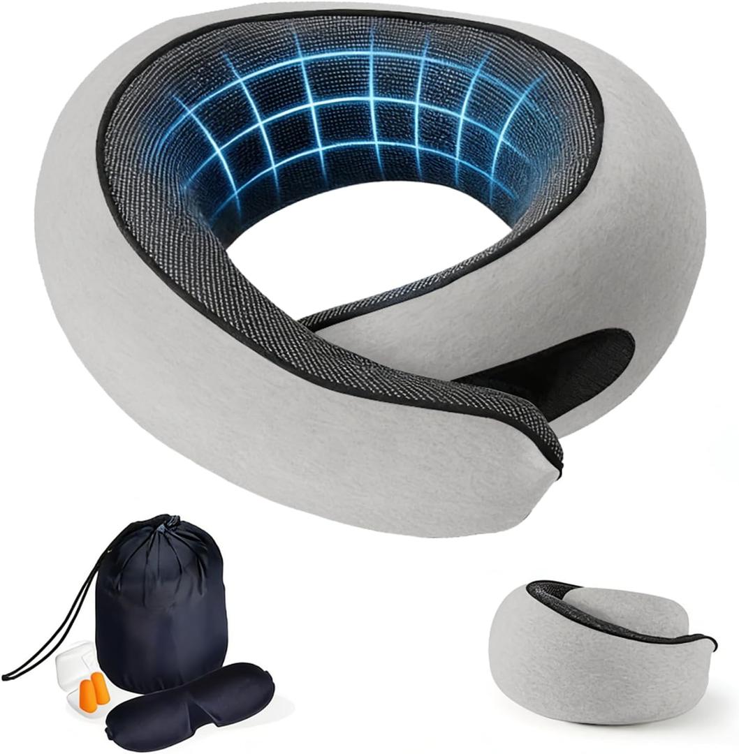 Travel Neck Pillow- 360 Ergonomic Memory Foam Travel Neck Pillow Airplane,Premium Breathable Relief Neck Pain for Long Flights,Car & Office (Gray)