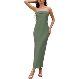 Women's Satin Strapless Backless Bodycon Maxi Dress (Green, L)