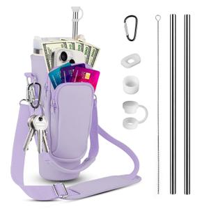 Bottle Carrier Bag with Pocket for Stanley 40oz Neoprene Water Bottle Holder Pouch with Adjustable Strap, Straw, Brush, Straw Cover & Carabiner for Stanley Cup Accessories (Purple), HO-101-PP