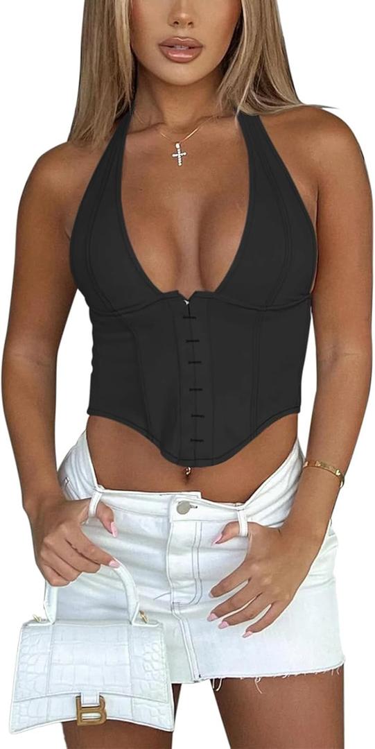 REORIA Women's Summer Sexy Halter V Neck Sleeveless Backless Trendy Y2k Going Out Corset Tank Crop Tops (Black) S REORIA Women's Summer Sexy Halter V Neck Sleeveless Backless Trendy Y2k Going Out Corset Tank Crop Tops (Black) S