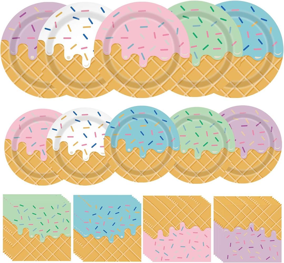 Ice Cream Party Decorations 100Pcs Ice Cream Plates and Napkins for Kids Girls Baby Shower Ice Cream Birthday Party Supplies