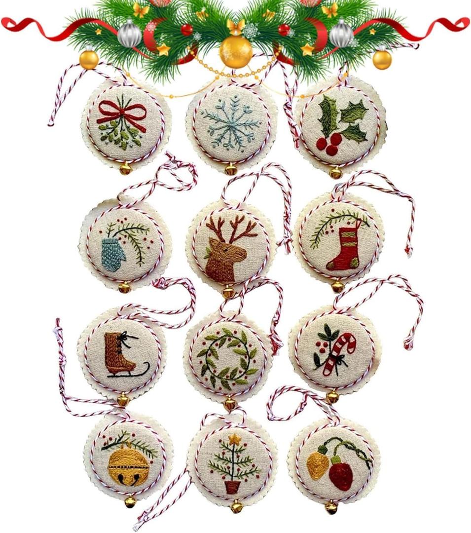 12 Pcs Christmas Embroidery Kit,Hand Embroidered Christmas Ornament Kit,Cross Stitch Kits - DIY Embroidery Kit for Adults Beginners with Easy Instructions(Green)