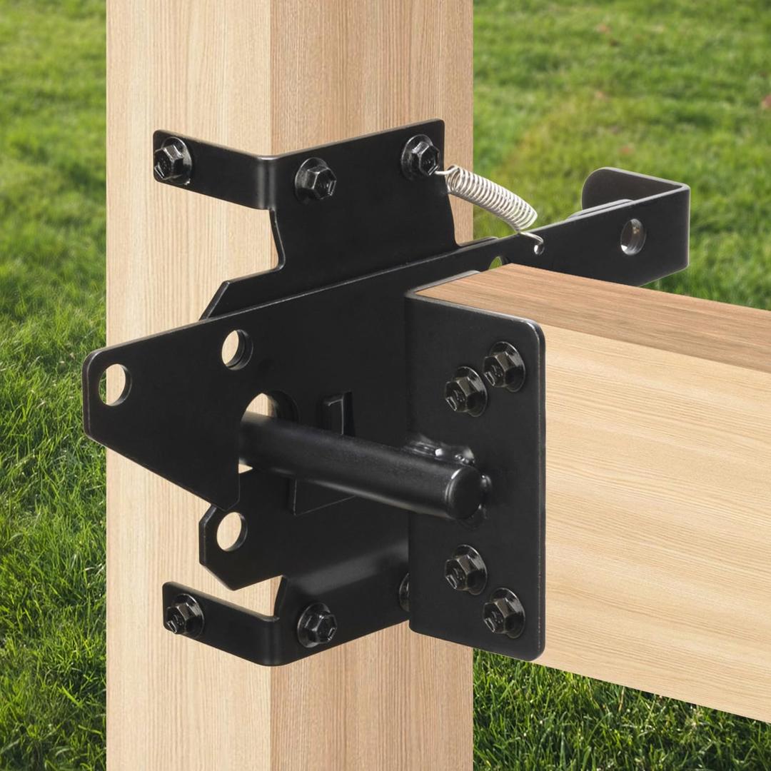 Self Locking Gate Latch for Wooden Fence, Heavy Duty Post Mount Automatic Gate Lock Gravity Door Latch Hardware for Secure Pool/Yard/Garden, Steel, Black Finish, Pack of 2