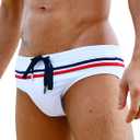 MIZOK Men's Sexy Low Rise Swim Briefs Stripe Swimming Bikini Swimsuit (Large, White)