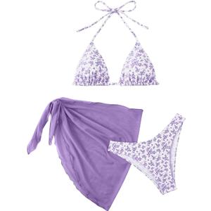 SHENHE Women's 3 Piece Floral Bikini Set with Wrap Coverup Halter Triangle Swimsuits (Purple) Large