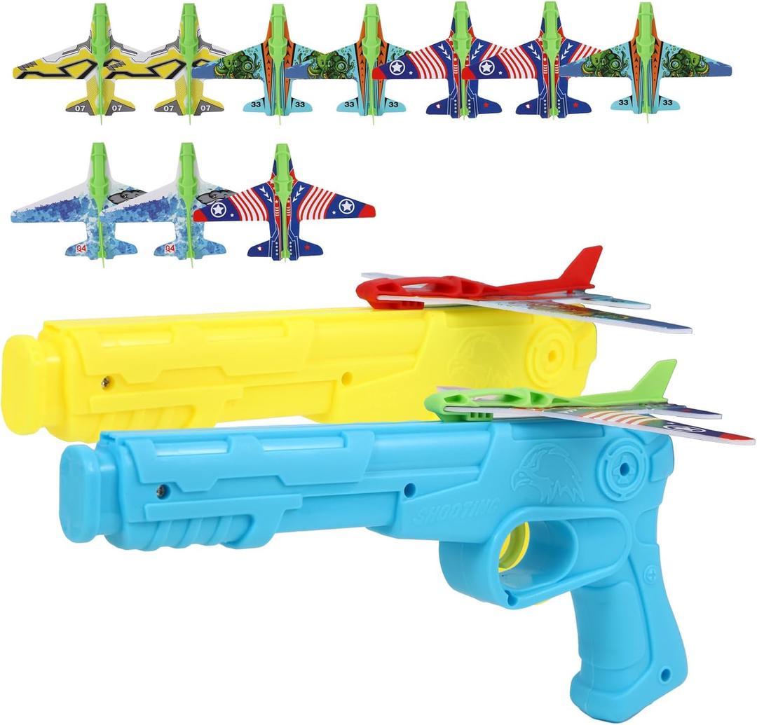 Manmel 12 Pack Airplane Launcher Toys for Kids, 2 Launchers and 10 Foam Glider, Indoor Outdoor Flying Toys for Boys Girls 4-8 Years Old, Plane Party Favors Birthday Gifts for Toddlers