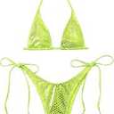 Swimsuit Triangle Tops High Cut Tie Side Thong Bikini Set Lime Green Small 2 Pcs