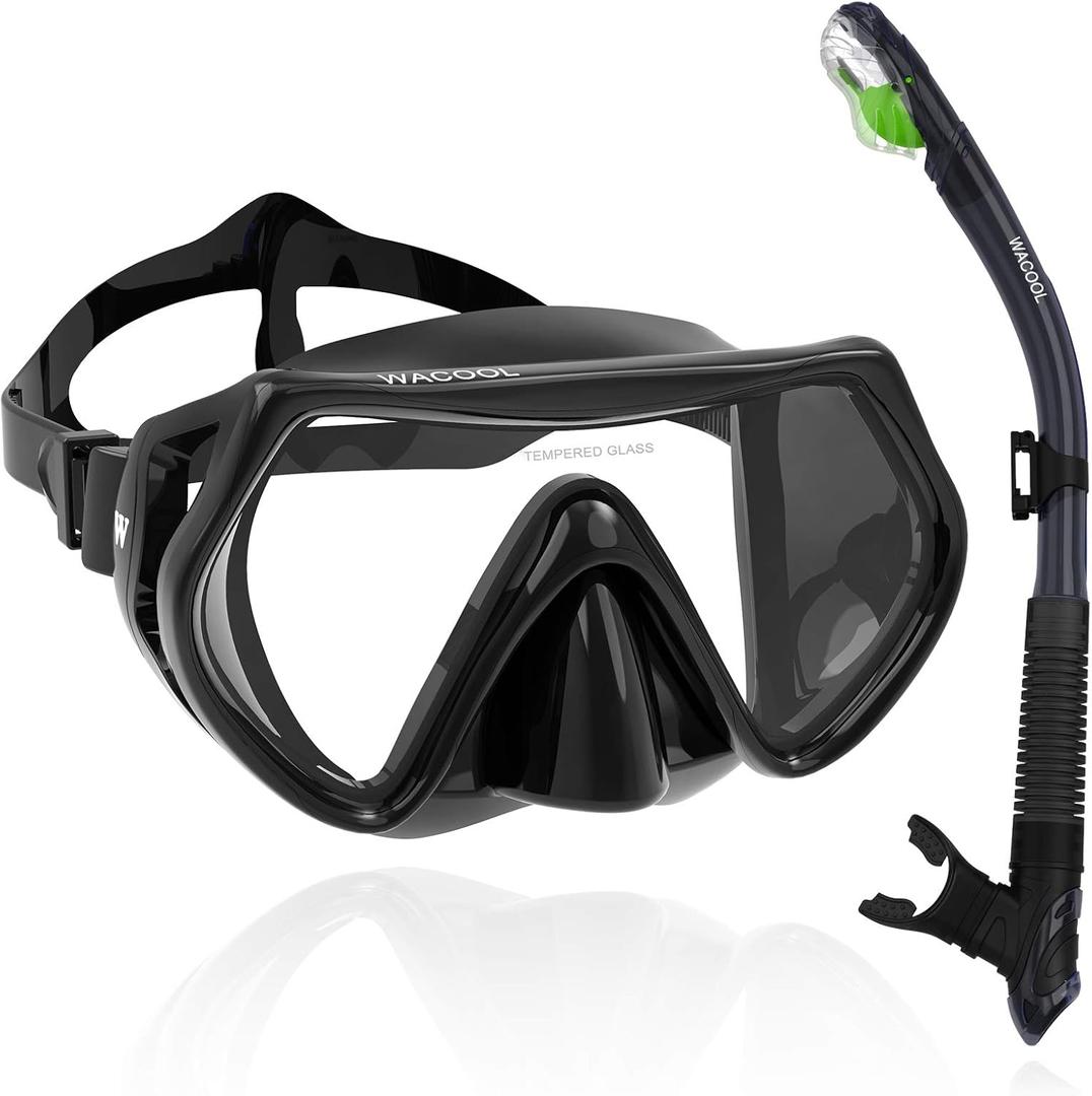 WACOOL Professional Snorkeling Snorkel Diving Scuba Package Set with Anti-Fog Coated Glass Purge Valve and Anti-Splash Silicon Mouth Piece for Men Women (Adults,Black)