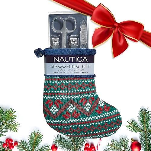 Pack Of 4 Nautica Nail Grooming Kit for Men - Complete Set in a Christmas Stocking | 4 Premium Quality Tools for a Well-Groomed Look, Green/Red