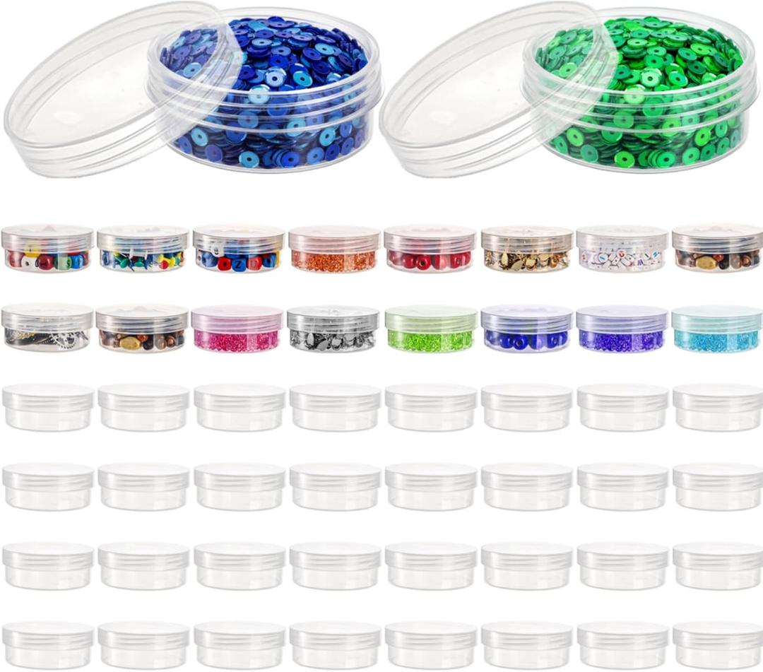 Covzoe 50 Pieces 2 Oz Plastic Jar with Lids, 50G/50ML Clear Round Bead Storage Container, Small Stackable Cosmetic Storage Organizer Box for Buttons, Glitter, Jewelry, Makeup, Small Items