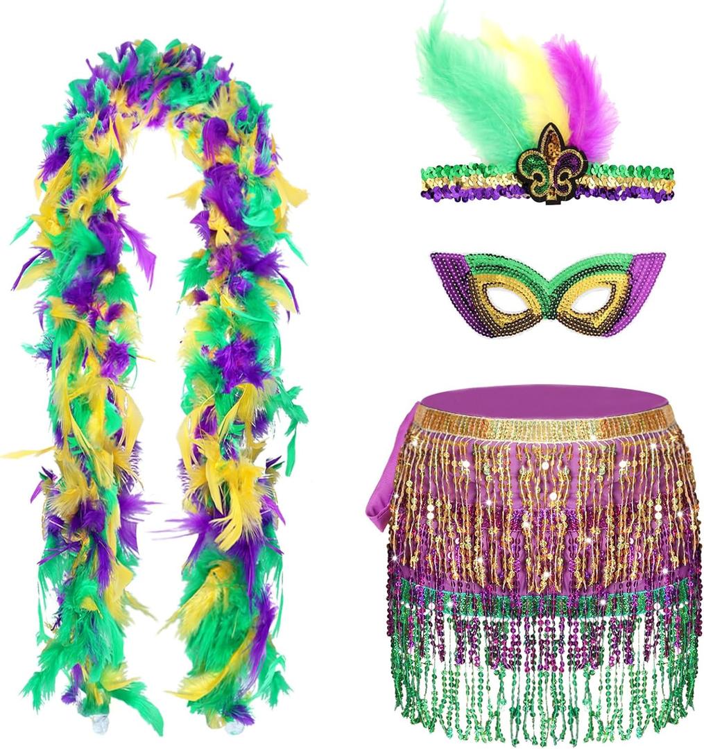 4 Pieces Mardi Gras Costume Accessory Set Sequin Mask Sequins Tassel Wrap Skirt Belly Dance Skirt Faux Feather Headband Feather Boa Mardi Gras Outfits for Women Girls Disco Carnival Party Yellow (Yellow)