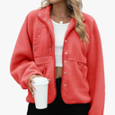 Womens Fleece Jacket Fuzzy Long Sleeve Short Winter Coats Button Down Sherpa Jacket Outerwear with Pockets Size 2 XL, Red 