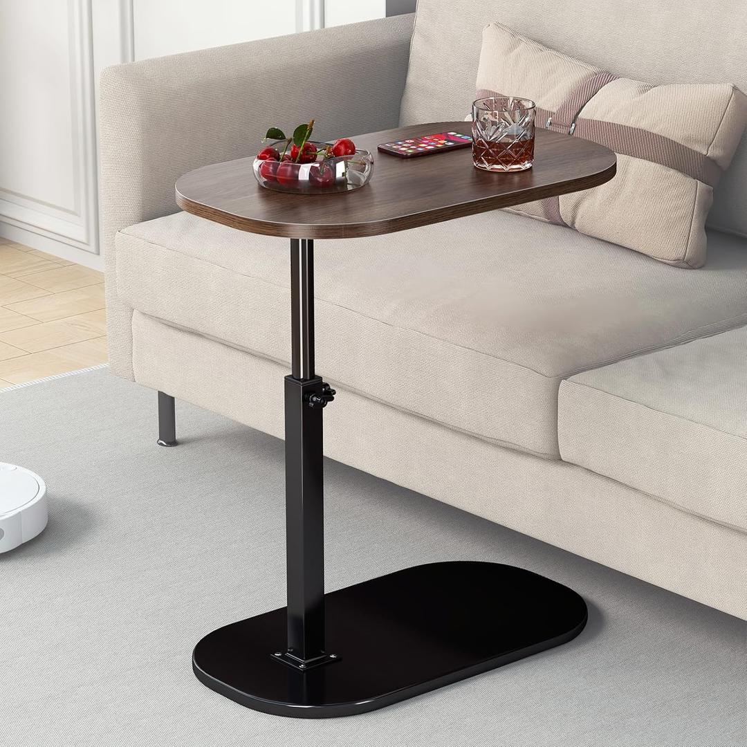 C Shaped Side Table, Adjustable Height C Shaped End Table, 360Swivel Couch Side Tables that Slide Under, Modern Small Coffee C Table End Table for Sofa/Bed/Bathtub, Rotating Tabletop (Walnut)