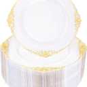 Morejoy 100 Pieces Gold Plastic Plates - Clear Gold Disposable Plates - 10.25inch Clear Plastic Dinner Plates With Gold Rim for Weddings & Parties & Shower