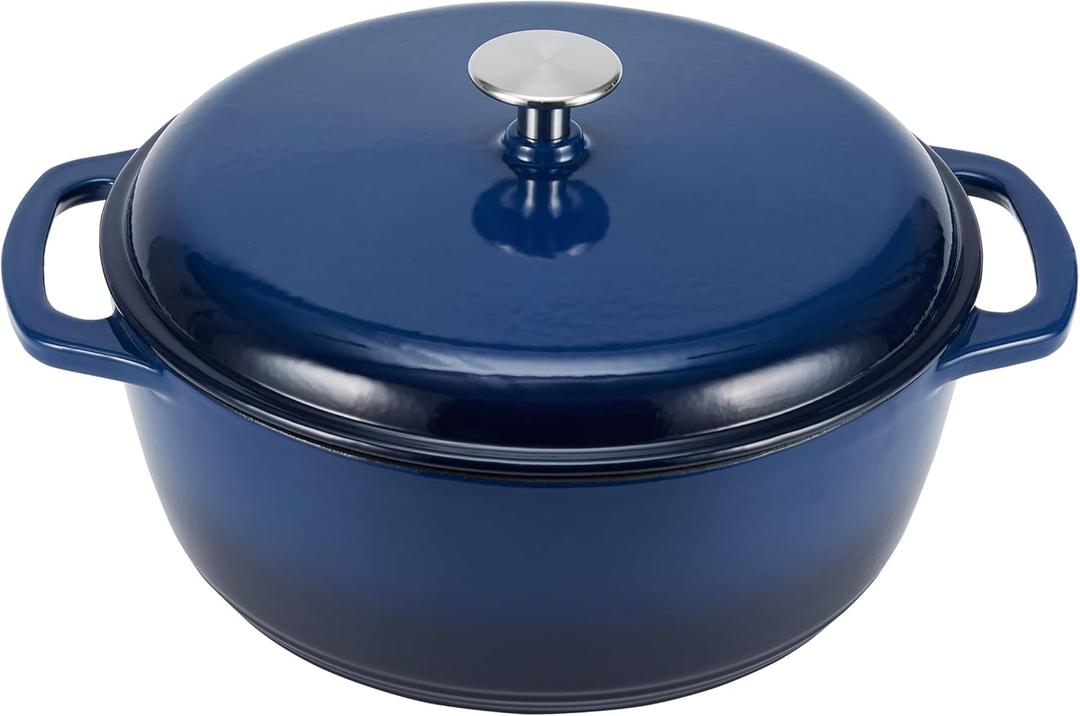 Amazon Basics Enameled Cast Iron Dutch Oven Pot with Lid, Round, Dual Handles, Heavy-Duty, Oven Safe for Baking, Roasting, Stews, 7.3-Quart, Navy