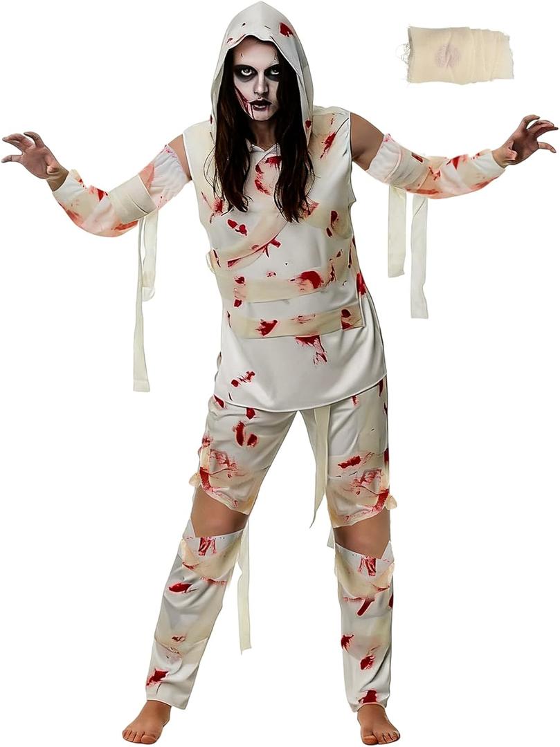 Mepase 4 Pcs Halloween Mummy Costume Zombie Costume for Men Women, Include Top Pants Sleeves Bandage Mummy Wrap Cosplay (XL, White)