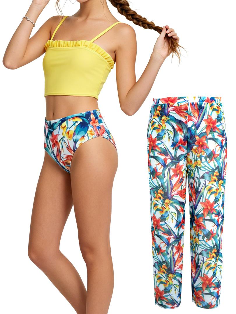Glorycat Girls Swimsuit Tankini Set, 3-Piece Ruffle Top, Boyshorts & Printed Long Pants, Adjustable Straps, 4-Way Stretch Polyester Elastane, Precision Stitching, Beach Pool Water Park 4-10Y