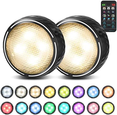 Battery Operated Puck Lights with Remote LED Under Cabinet Lighting Wireless Stick on Lights Color Changing Timer Tap Lights for Cabinets Shelves Closets Display Case - 2Pack Black