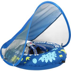 Mambobaby Float Self-Inflating Baby Swim Float with Canopy, Compressible Folding Pool Baby Float, Upgrade Soft Waterproof Skin-Friendly Material Toddler Swim Float (Standard Edition Blue), Small