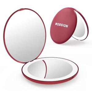 wobsion Travel Compact Mirror,Portable 1x/10x LED Makeup Mirror with Magnification,Handheld 2-Sided Pocket Mirror, 3.5in Small Mirror for Purse, Handbag, Gift, Wine Red