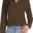 J.VER Button Down Shirts for Women Stretch Collared Cotton Long Sleeve Dress Shirt Business Casual Blouse for Work (Medium, Brown)