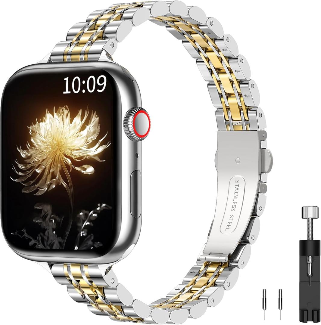 TiMOVO Metal Band Compatible with Apple Watch 42mm (Series 11/10) 41mm 40mm 38mm for Women, Dressy Replacement Strap for iWatch SE 3/2/1, Series 9/8/7/6/5/4/3/2/1, Silver/Gold