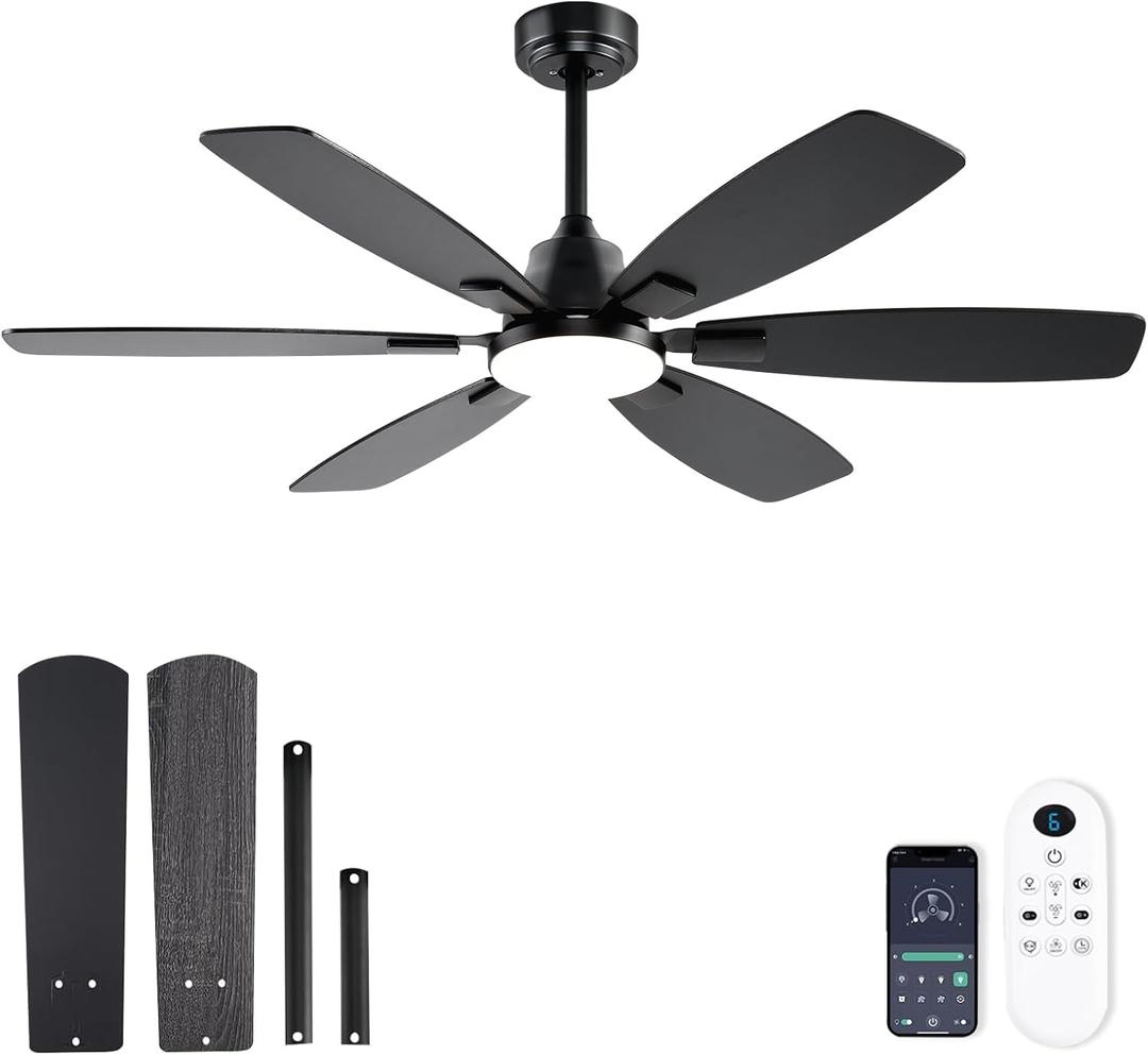 Ceiling Fans with Lights, 52 Inch Ceiling Fan with Light and Remote, 3CCT Dimmable, 6 Speed Reversible DC Motor,6 Blades Modern Black Ceiling Fan for Bedroom, Indoor/Outdoor Use