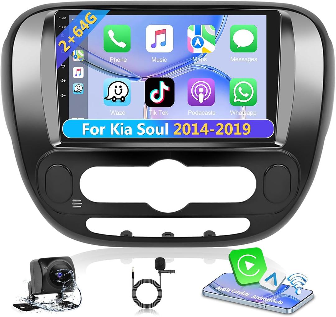 Podofo 2+64G Car Stereo Radio for Kia Soul 2014 2015 2016 2017 2018 2019 with CarPlay Android Auto 9" Touch Screen Audio with GPS Navigation Bluetooth Mirror Link WiFi RDS Hi-Fi Backup Camera MIC