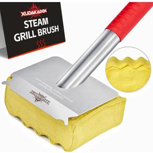 XUDAKAIXIN Grill Brush Bristle Free,Aramid Fiber Wavy Pad Seamless-Fit Cast Iron/Stainless-Steel Grates,BBQ Replaceable Scraper Cleaning Head,Safe Grill Cleaner for Outdoor Grill,Gifts for Men/Dad (Yellow)