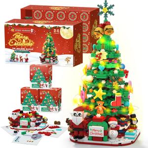 Advent Calendar 2025 Building Blocks Set with LED Light, 24 Days Christmas Countdown Calendar Building Blocks Xmas Thanksgiving Gifts for Adults Men Women (Green-(Christmas Tree))