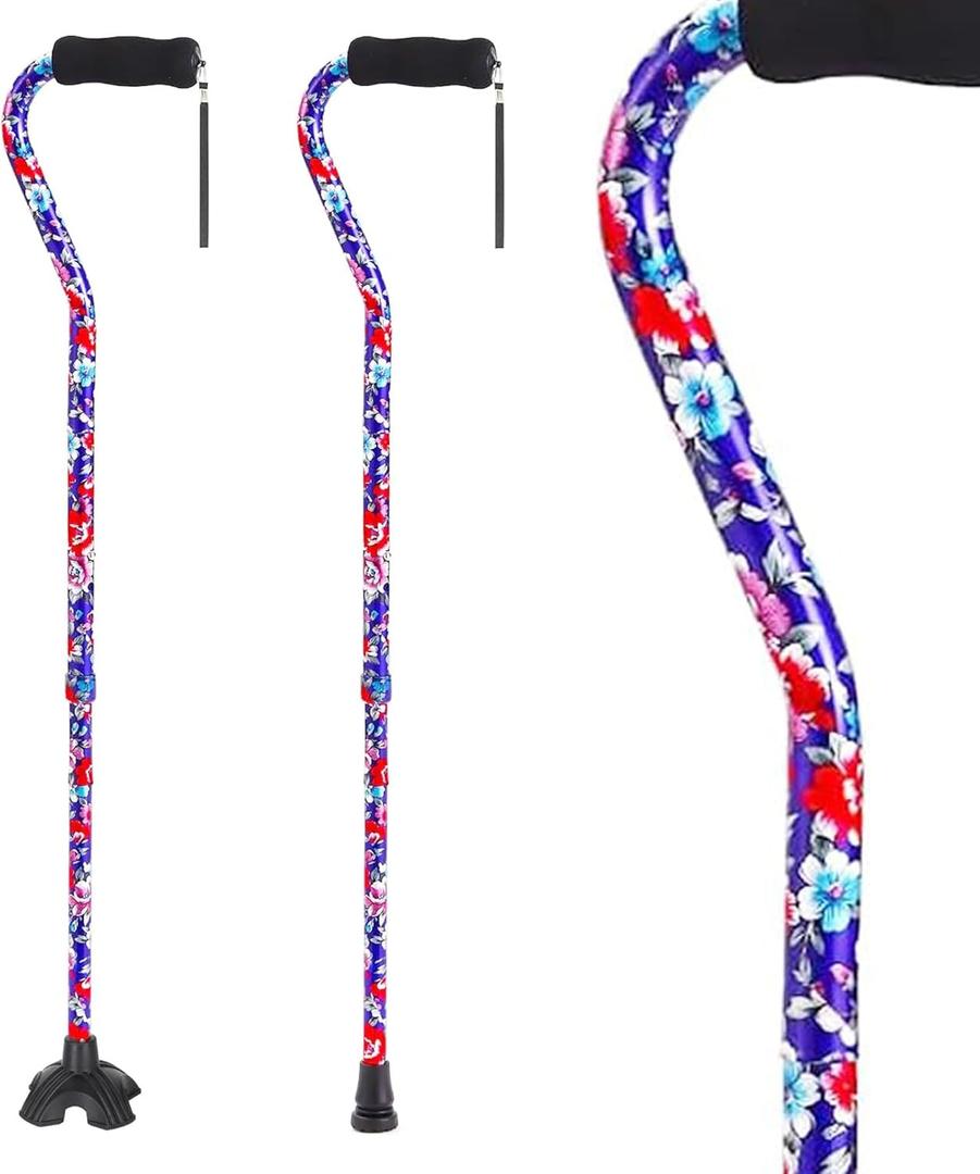 Elegant Walking Cane for Women, Foldable & Adjustable Cane for Seniors with Self-Standing Tip | Lightweight Mobility Aid for Stability & Balance Support (Blue&Red Floral Printed)