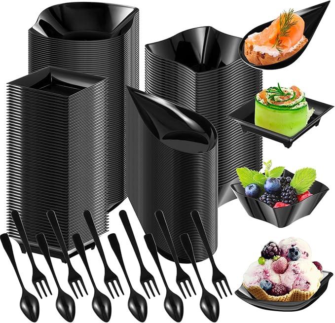 Tessco 800 Pcs Mini Appetizer Plates Set Including 400 Disposable Dessert Plates Assorted Shape 200 Mini Plastic Forks 200 Plastic Spoons for Party(Black,Classic)