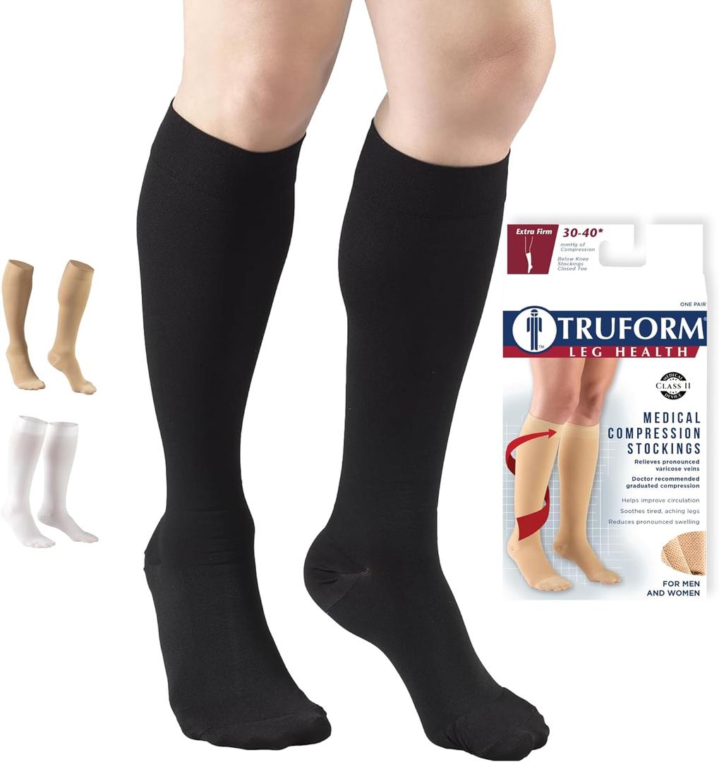 Truform 30-40 mmHg Compression Stockings for Men and Women, Knee High Length, Closed Toe, Black, X-Large