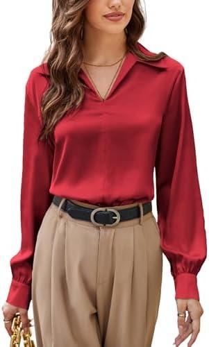 GRACE KARIN Business Casual Tops for Women Satin Silk Blouse Collared V Neck Long Sleeve Work Shirts Dressy Tops Fall Clothes, L
