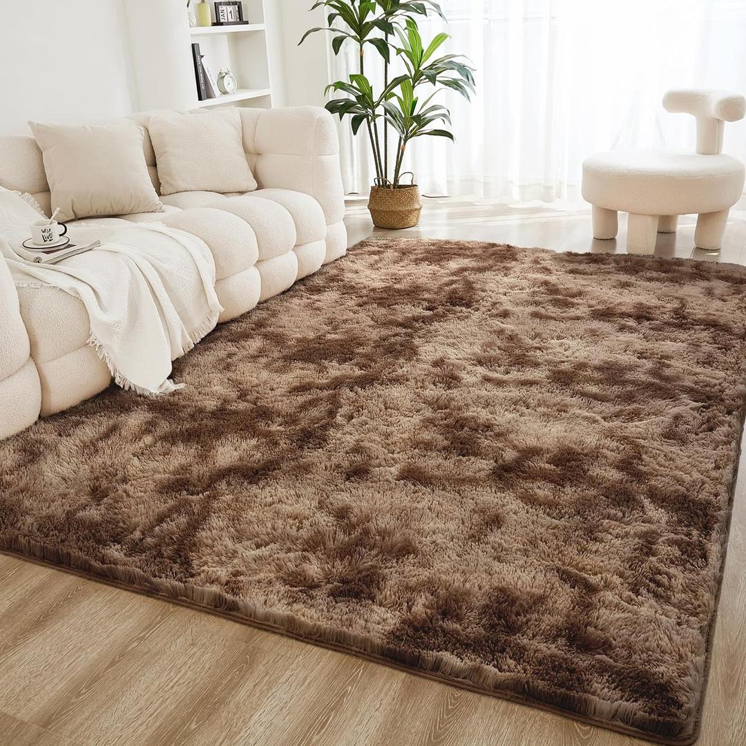 Litanika 9x12 Shag Area Rug for Living Room Bedroom, Tie-Dyed Brown High Pile Soft Plush Shaggy Furry Bedside Playroom Dorm Carpet, Non-Slip, Non-Shedding Modern Indoor Floor Rug