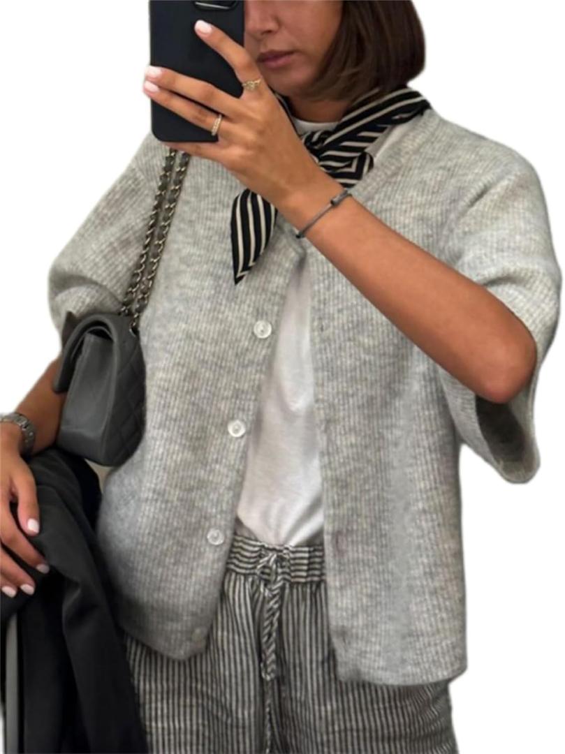 Women Y2k Crop Knit Cardigan T-Shirt Short Sleeve Button Down Casual Knitted Tees Y2k Girls Crop top Streewear (Medium, Gray)