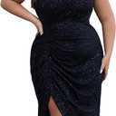 Women's Plus Size Sequin Glitter Dress One Sparkly Shoulder Ruched Wrap Cocktail Party Black Slit Dress (US, Alpha, X-Large, Plus, Regular, Black)