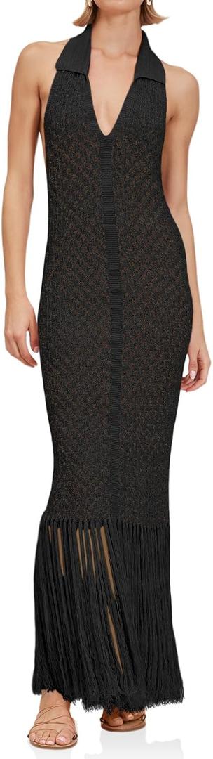 Saodimallsu Womens Halter Crochet Cover Up Fringe Sexy Backless Sleeveless V Neck Collared Vacation Beach Maxi Dress (Small, Black)