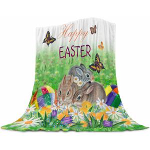Happy Easter Blanket Easter Rabbit Bunny Eggs Spring Easter Throw Blanket Soft Lightweight Durable Flannel Blanket for Bed Sofa Couch Camping Travel 50''x60''