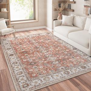 jinchan Area Rug 6x9 Washable Vintage Traditional Rug Kitchen Floor Cover Thin Mat Distressed Floral Print Indoor Carpet for Bedroom Living Room Dining Room Brick Red