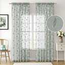 MIULEE Sage Sheer Curtains 2 Panels Embroidered Leaf Patterned Rod Pocket Floral Semi Sheer Faux Linen Window Curtains Drapes Set for Living Room Bedroom Dining Room, 52x84 Inches Long