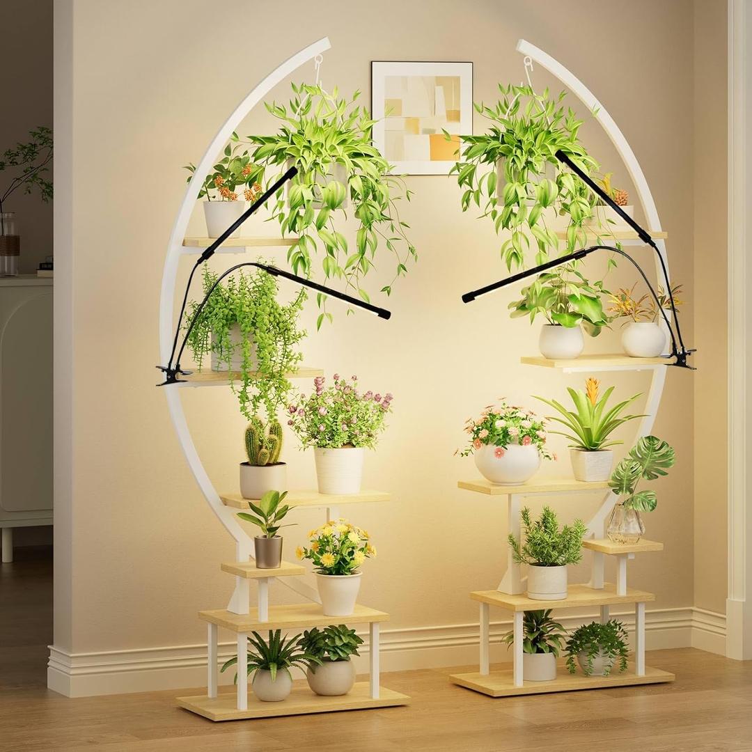 GREENSTELL Plant Stand Indoor with Grow Light, 7-Tiered Tall Metal Plant Stand for Indoor Plants, Half-Moon Shape Display Shelf for Living Room, Balcony, Patio, White (2 Pack)