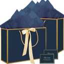 woric 13.7" Large Gift Bags with Handles, 2 Pack Navy Blue Paper Gift Bags with Tissue Ribbon and Card for Graduation Father's Day Men Birthday Party Wedding Celebrations