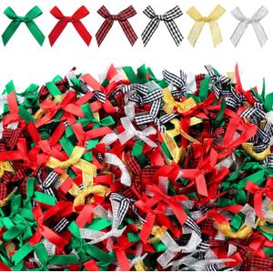 400 Pieces Christmas Mini Bows Small Satin Ribbon Bows Glitter Bows Bowknot for Wedding Birthday Party Decoration Wrapping Craft Supplies, 6 Colors