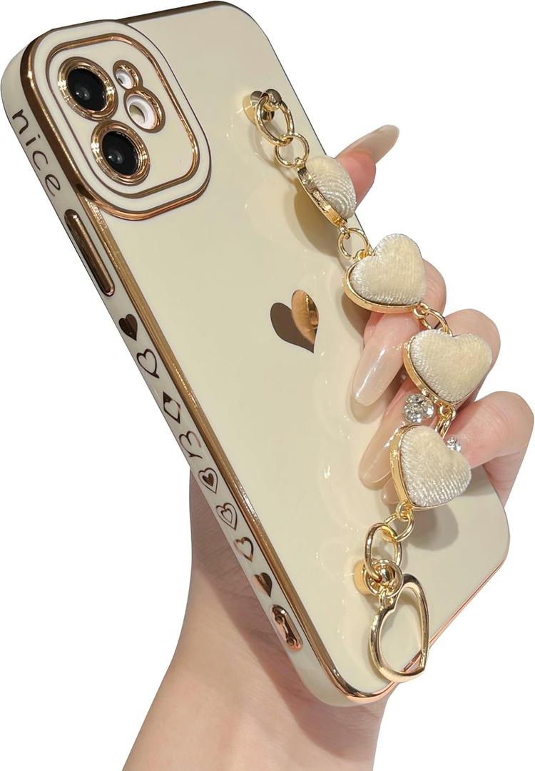Caseative for iPhone 11 Case,Cute Plating Love Heart Wrist Strap Chain Bracelet Phone Case (White)